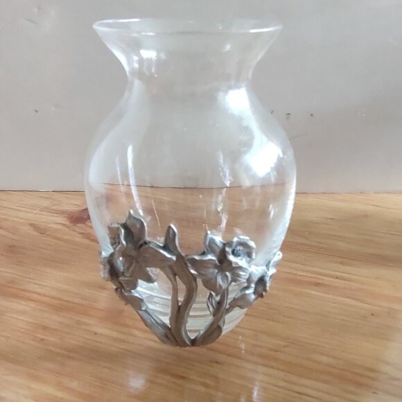 Vintage Seagull Pewter Canada Glass Vase with Pewter Florals 4 3/4 in - Picture 1 of 11